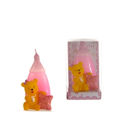 Mega Candles - Teddy Bear in Front of Baby Bottle Candle in Clear Box - Pink