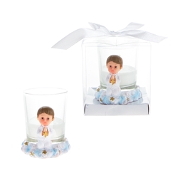 Mega Favors - Baby Toddler Praying with Cross Poly Resin Candle Set in Gift Box - Blue